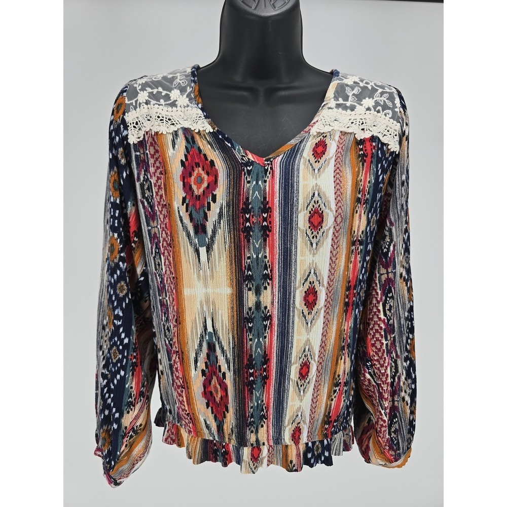 Gimmicks Peasant Top Womens Small Embroidered Lace Sheer Boho Festival Blouse